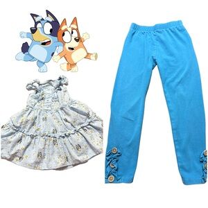 💙🧡🩵 Bluey Toddler Outfit Bundle 3T Daisy Dress + Boutique Bow Leggings 🩵🧡💙